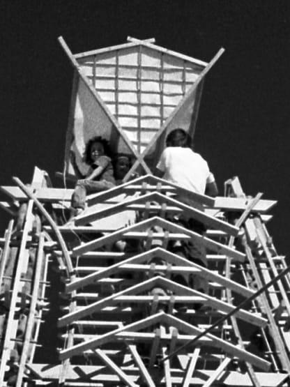 12 meters tall and build to burn. The wooden effigy back in 1990. By Stewart Harvey